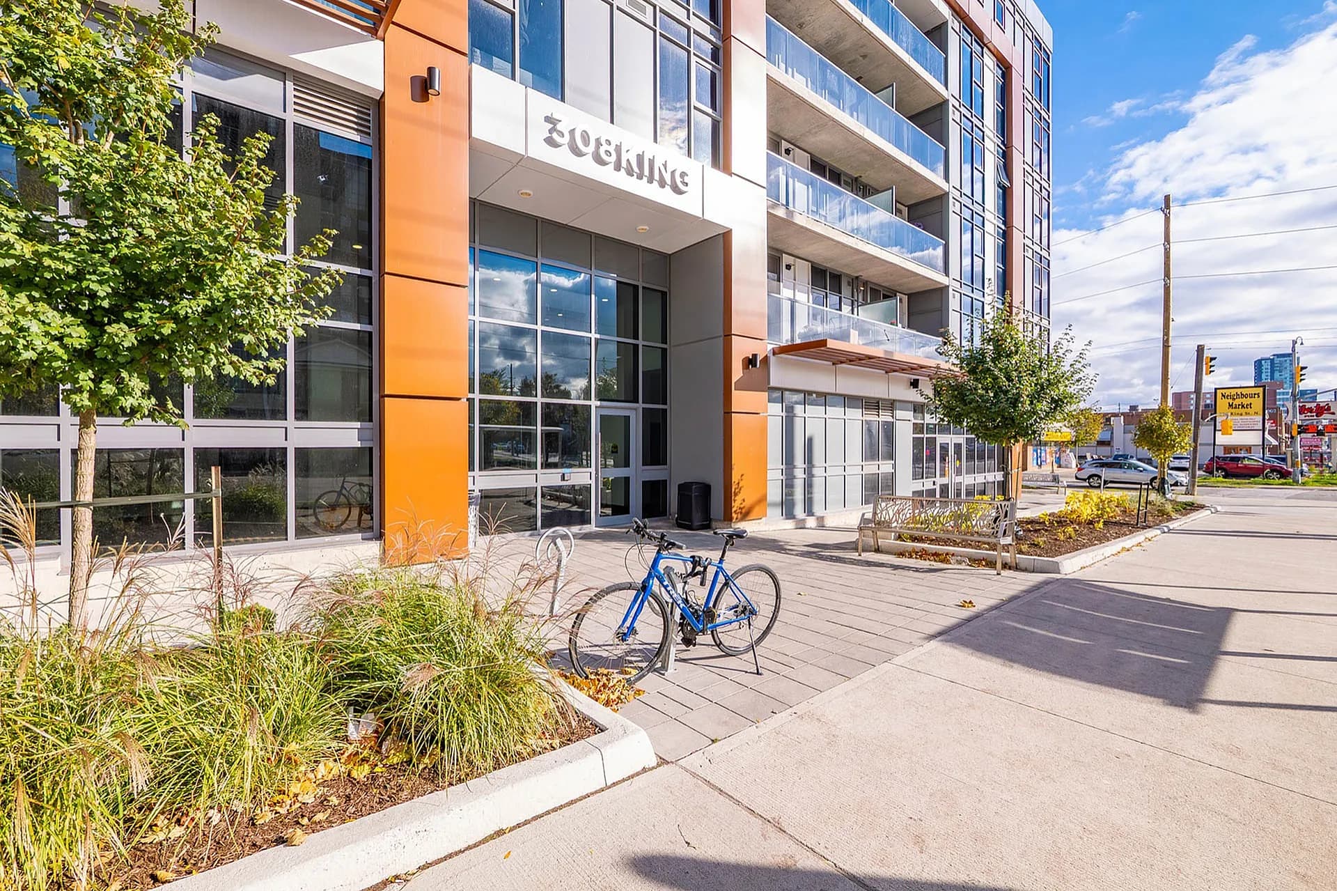 Building entrance with bike parking