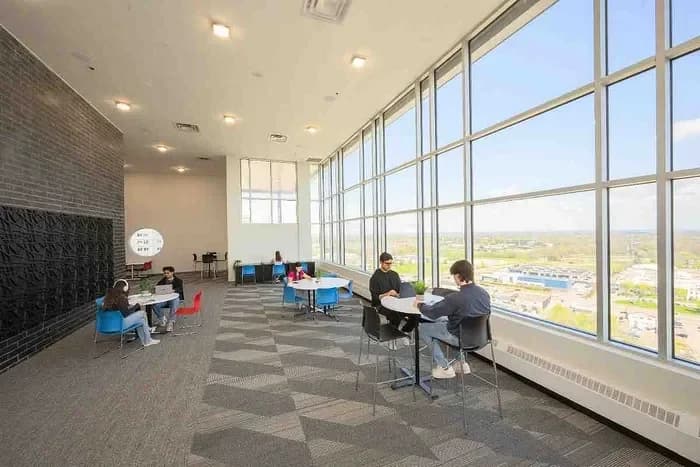Communal lounge with panoramic views at a Canadian Student Living residence